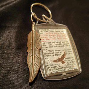 Bible Scripture Keychain with Brown Metal Feather Pendant